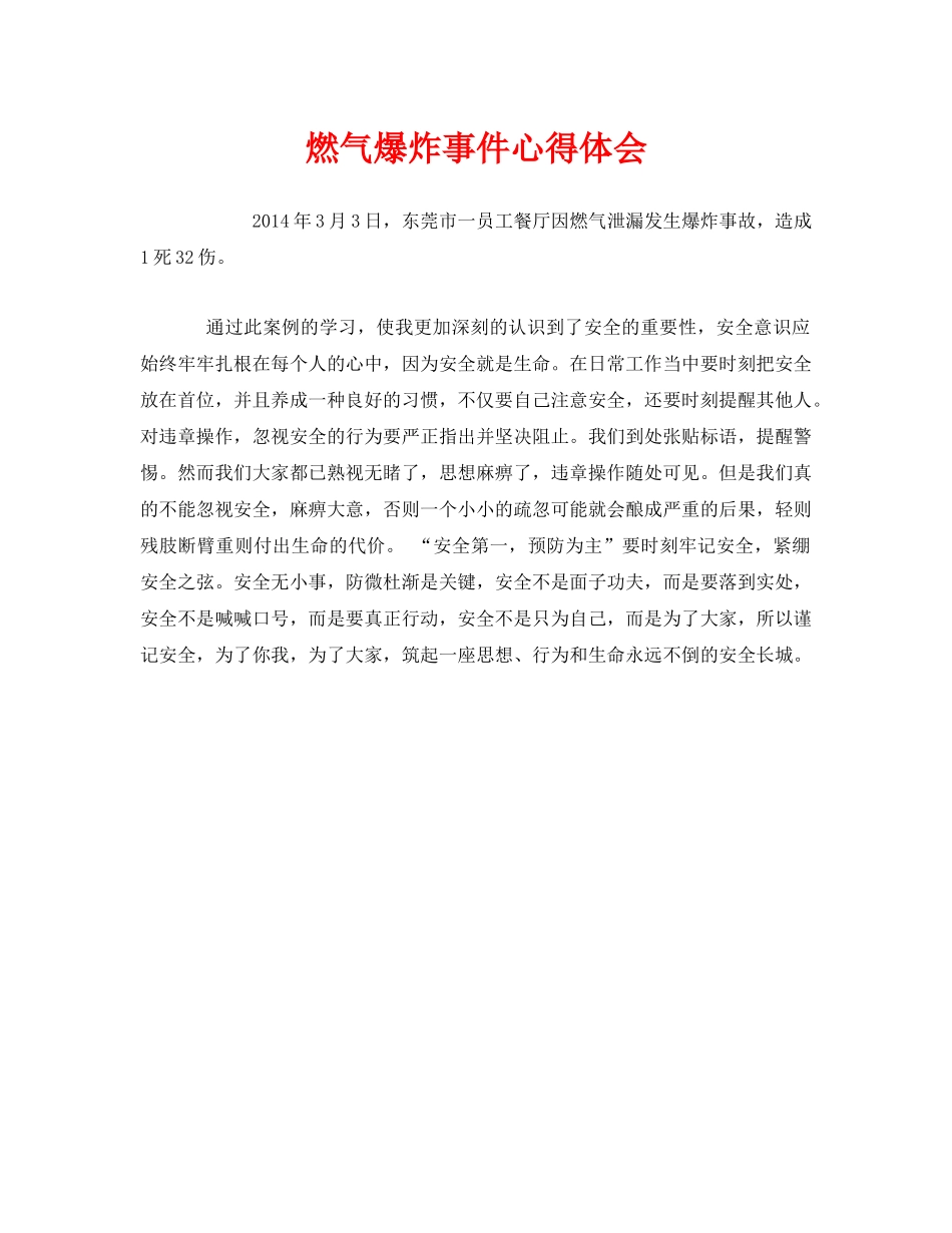 《安全管理文档》之燃气爆炸事件心得体会 _第1页