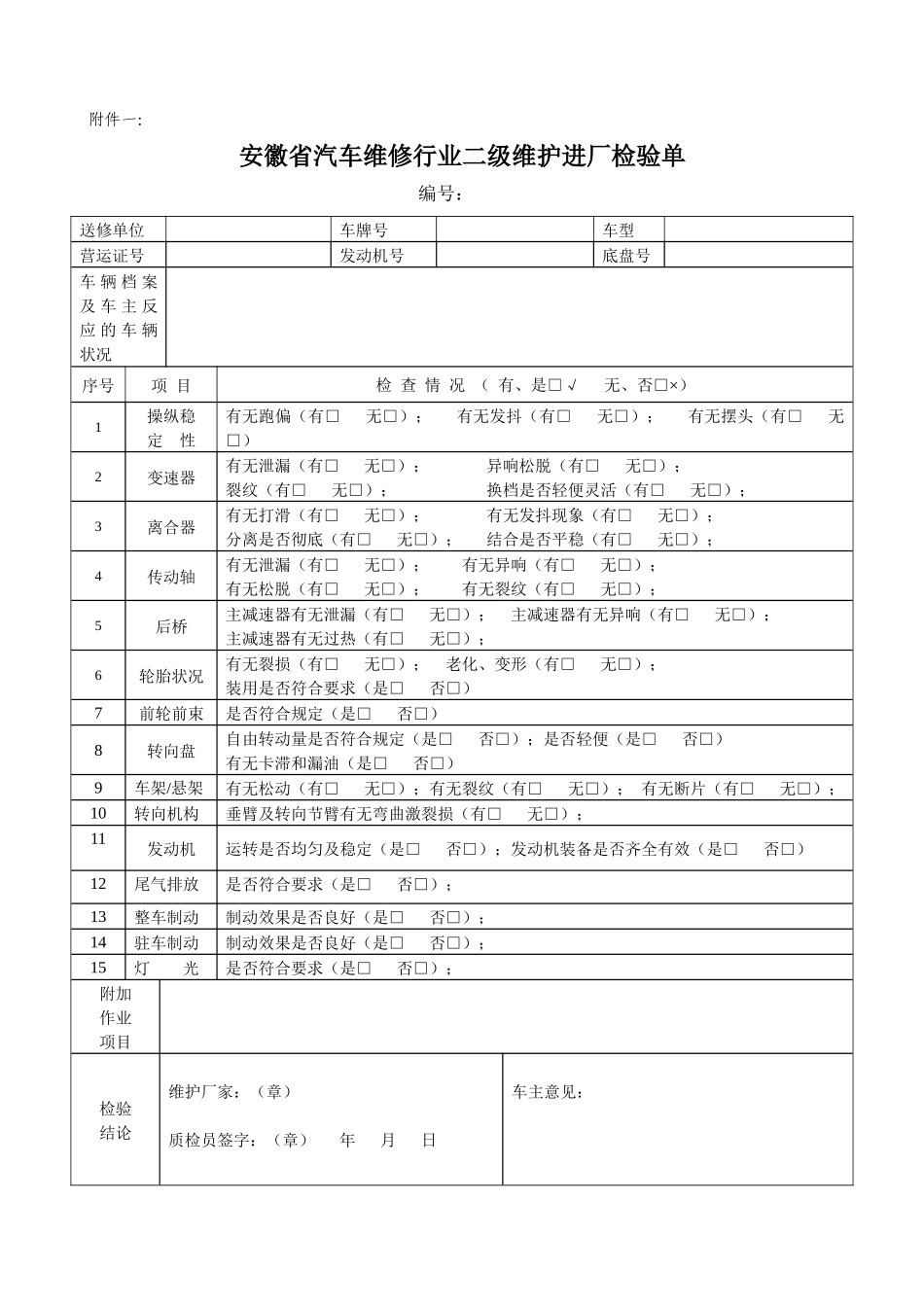 安徽省汽车维修行业服务规范附件一-安徽省汽车维修行业车辆_第1页