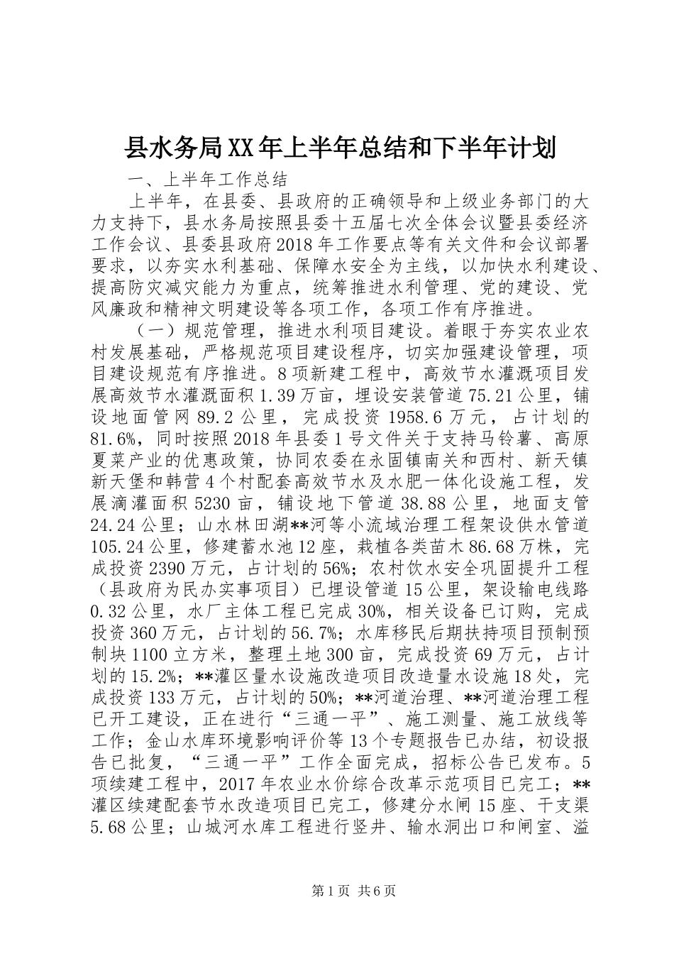 县水务局XX年上半年总结和下半年计划_第1页