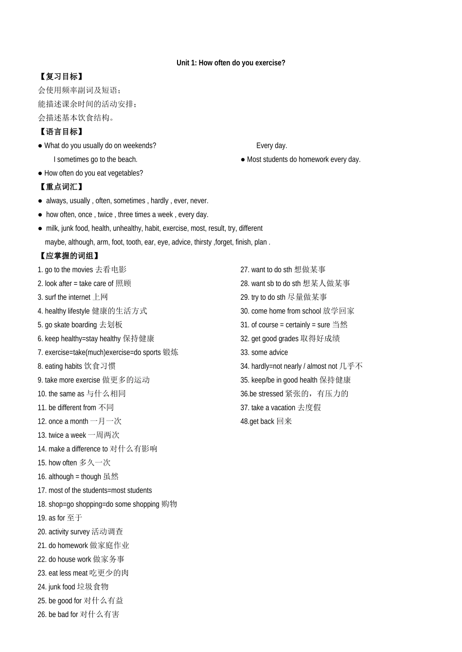 unit 1《how often do you exercise》复习提纲（人教新目标八年级）doc--初中英语 _第1页