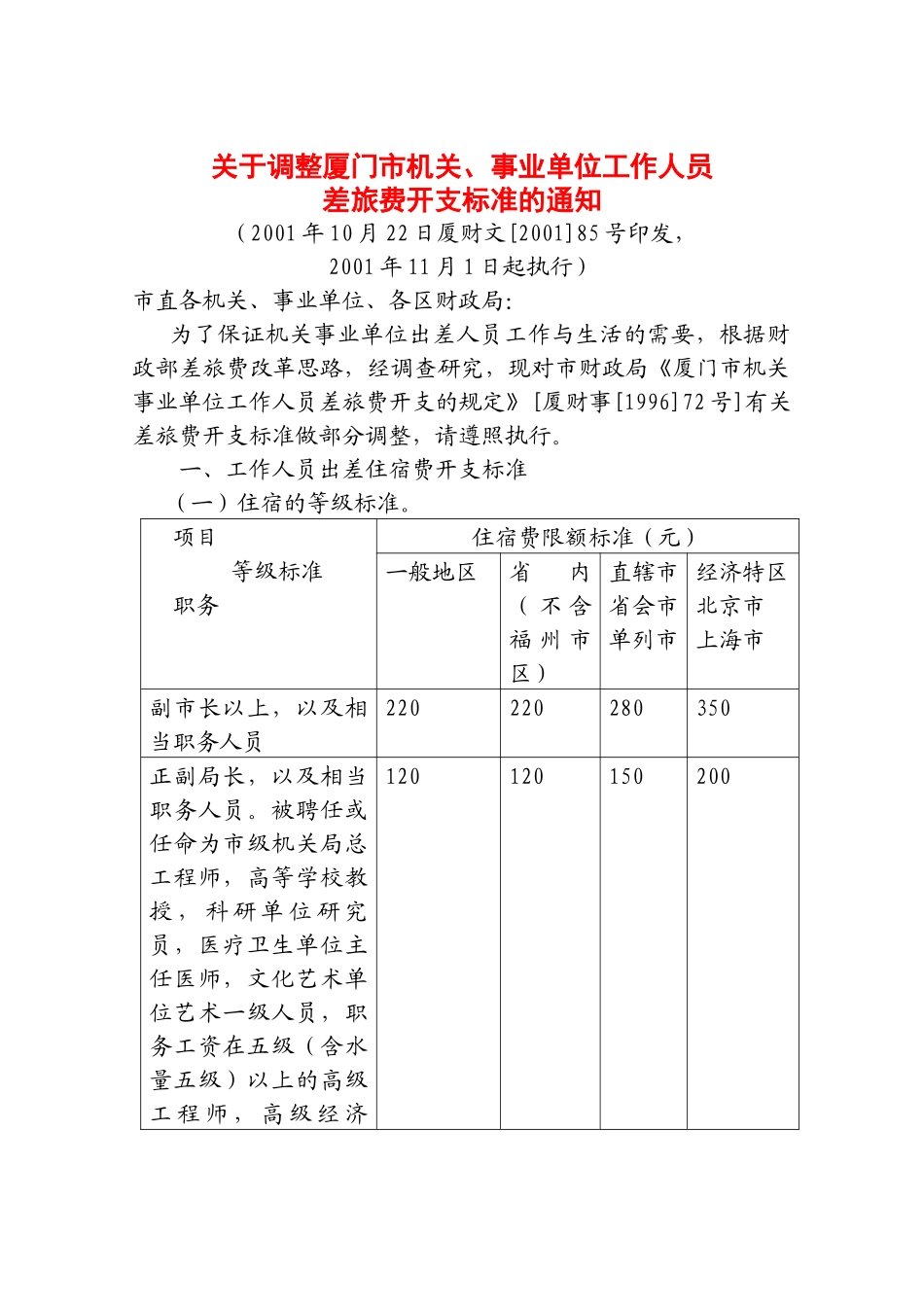 厦门市机关事业单位工作人员差旅费开支规定_第1页