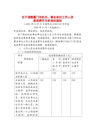 厦门市机关事业单位工作人员差旅费开支规定