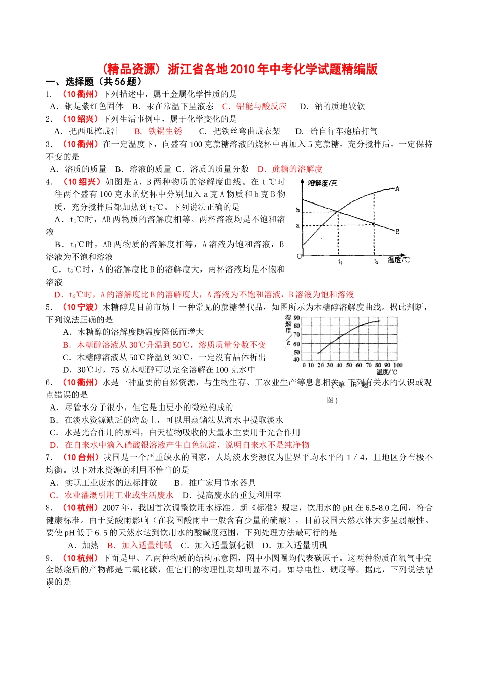 (精品资源) 浙江省各地2010年中考化学试题精编版（22页WORD） doc--初中化学 _第1页