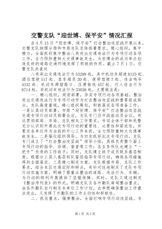 交警支队“迎世博、保平安”情况汇报 