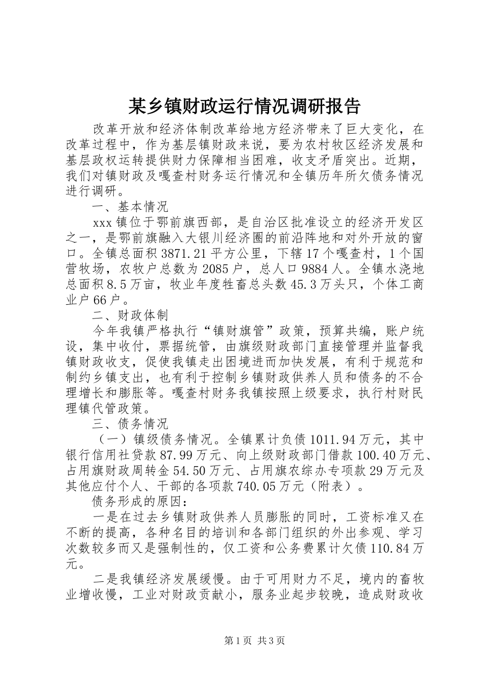 某乡镇财政运行情况调研报告 _第1页