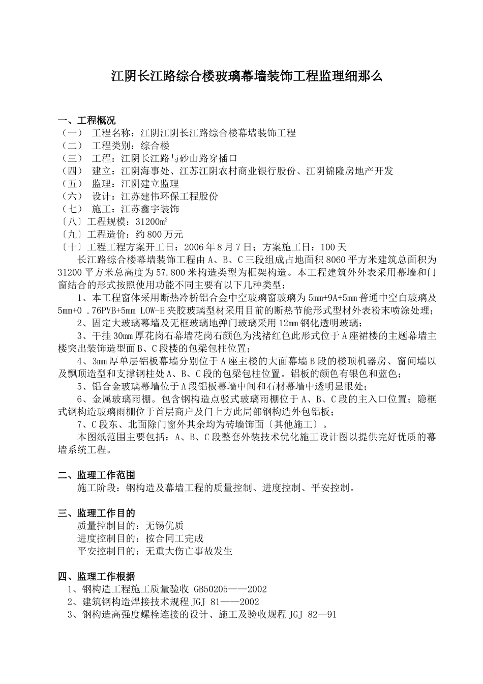 江阴市长江路综合楼玻璃幕墙装饰工程监理细则_第1页