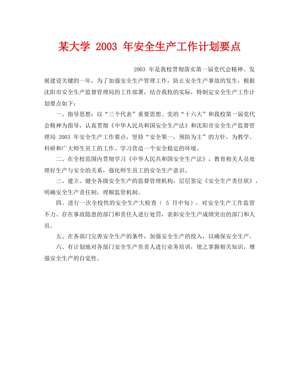 《安全管理文档》之某大学 2003 年安全生产工作计划要点 _第1页