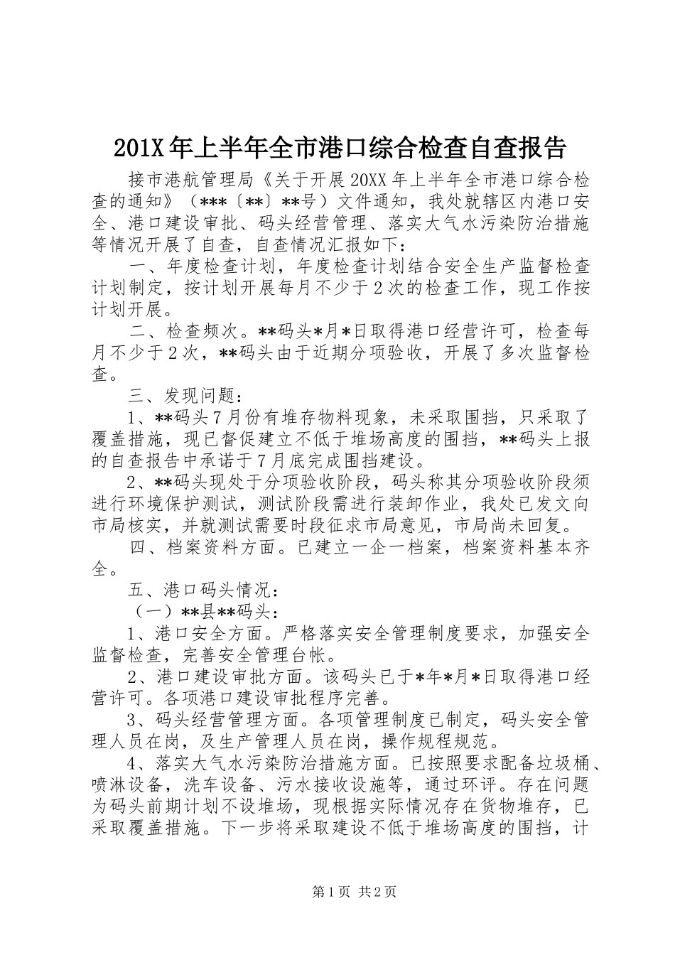 201X年上半年全市港口综合检查自查报告_第1页