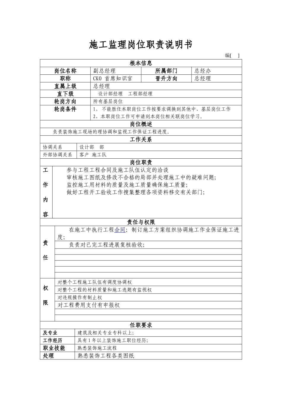 施工监理岗位职责说明书_第1页