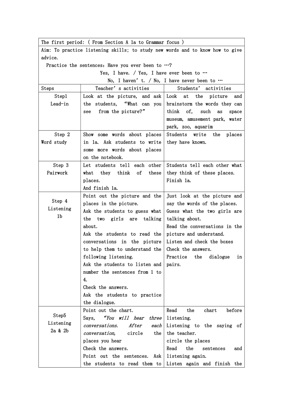 unit 1 have you ever been to an amusement park 教案（鲁教版八年级下）8doc--初中英语 _第2页