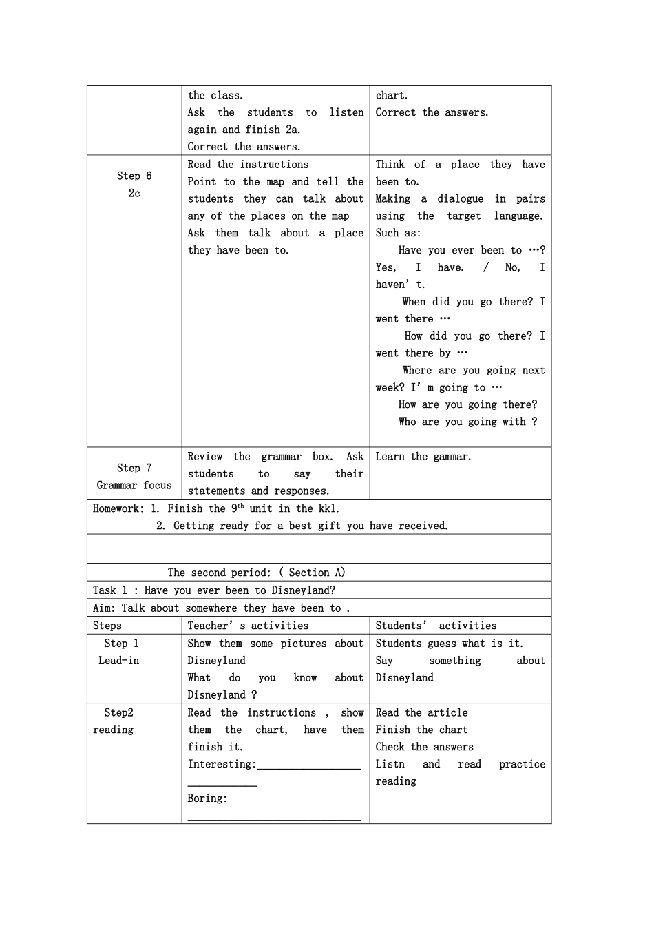 unit 1 have you ever been to an amusement park 教案（鲁教版八年级下）8doc--初中英语 _第3页