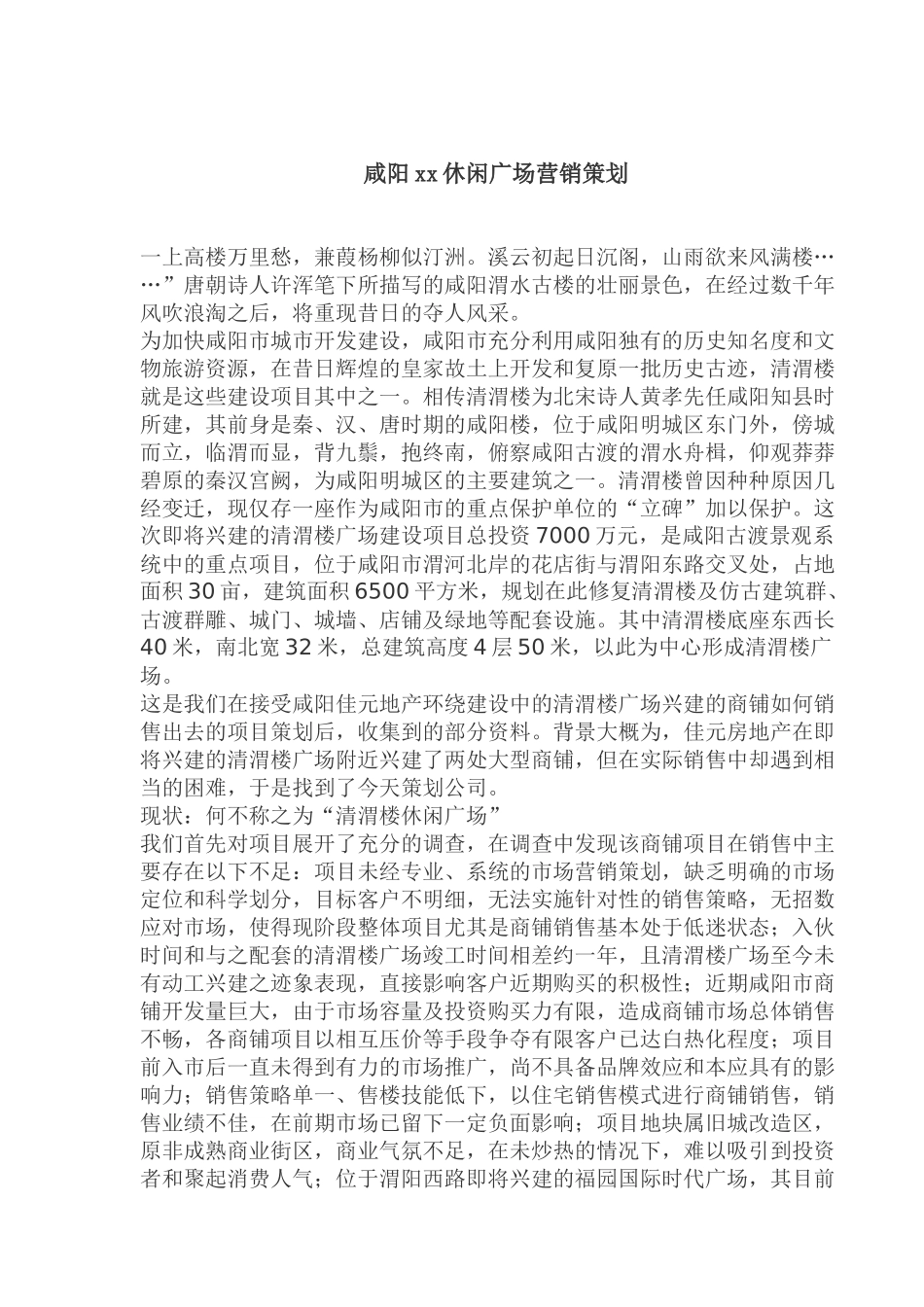 咸阳xx休闲广场营销策划_第1页