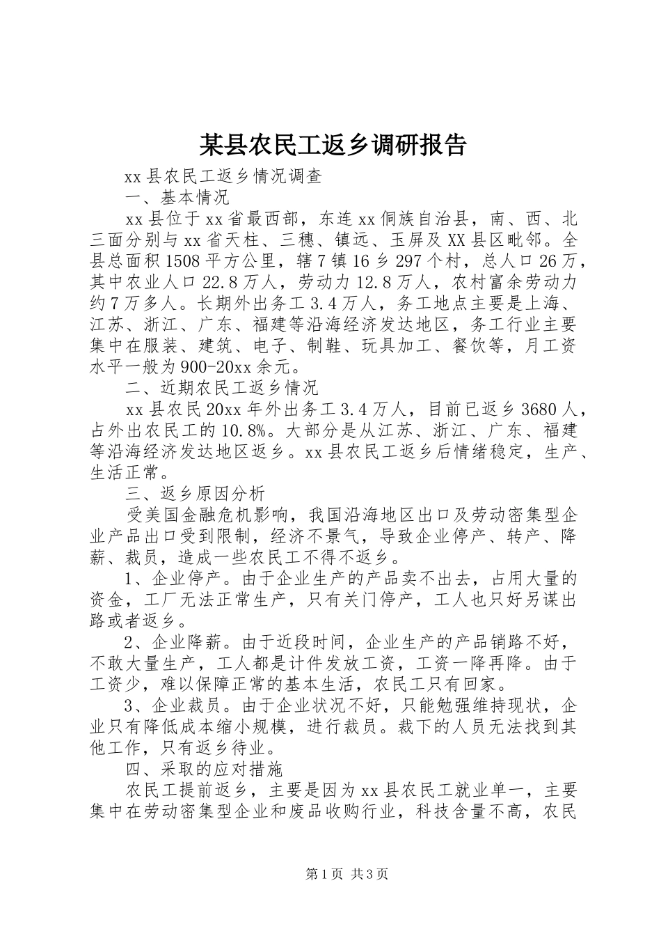 某县农民工返乡调研报告 _第1页