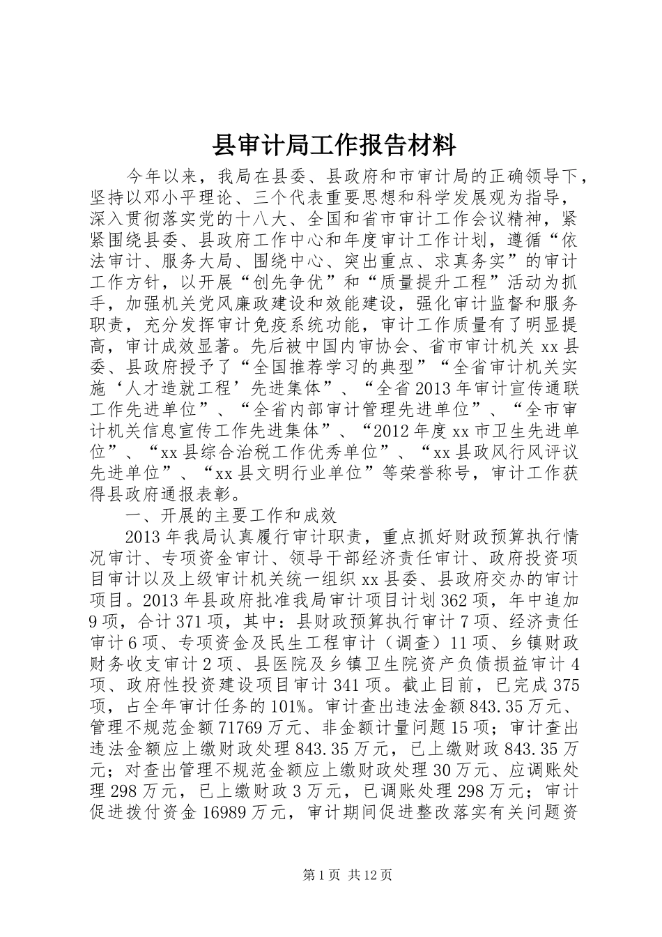 县审计局工作报告材料 _第1页