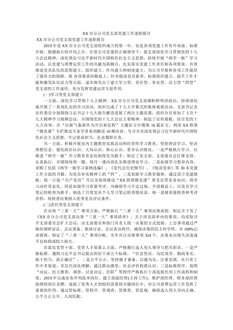 市分公司党支部党建工作述职报告 _第1页