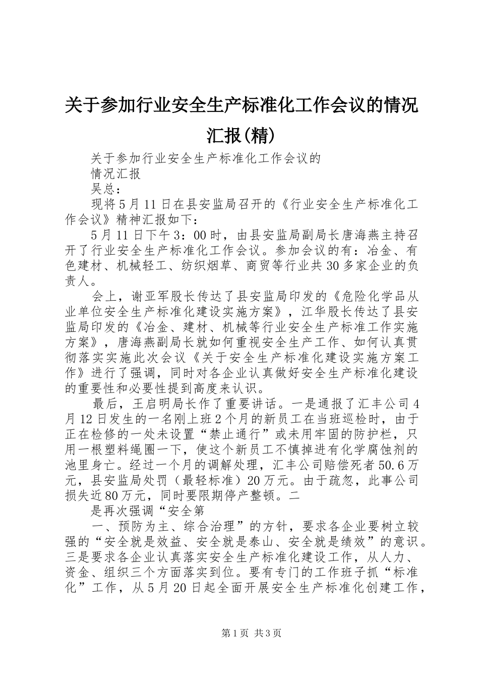 关于参加行业安全生产标准化工作会议的情况汇报(精) _第1页