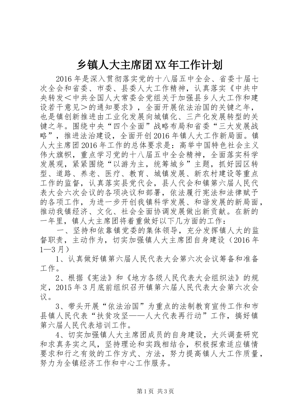 乡镇人大主席团XX年工作计划_第1页