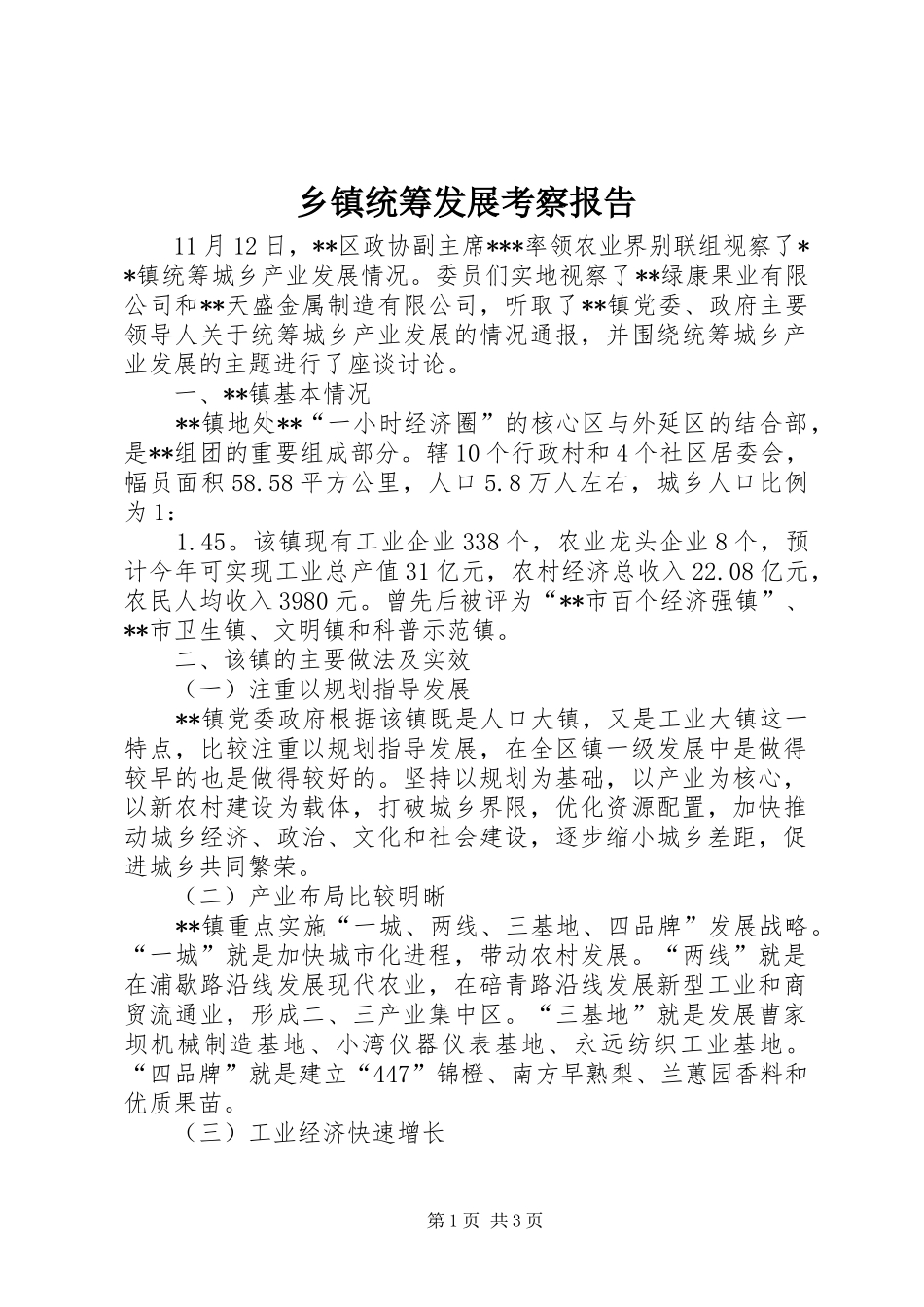 乡镇统筹发展考察报告 _第1页