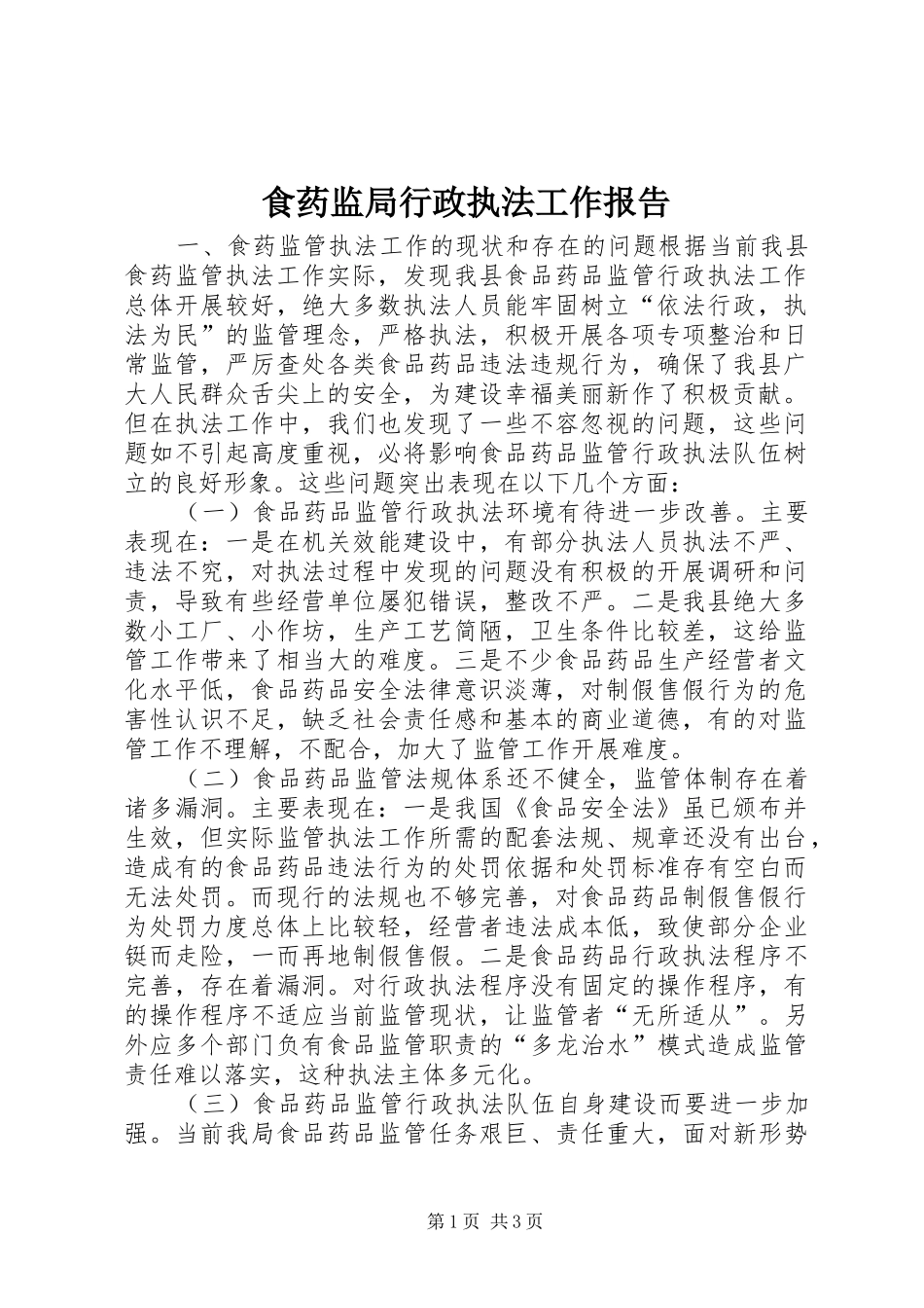 食药监局行政执法工作报告 _第1页
