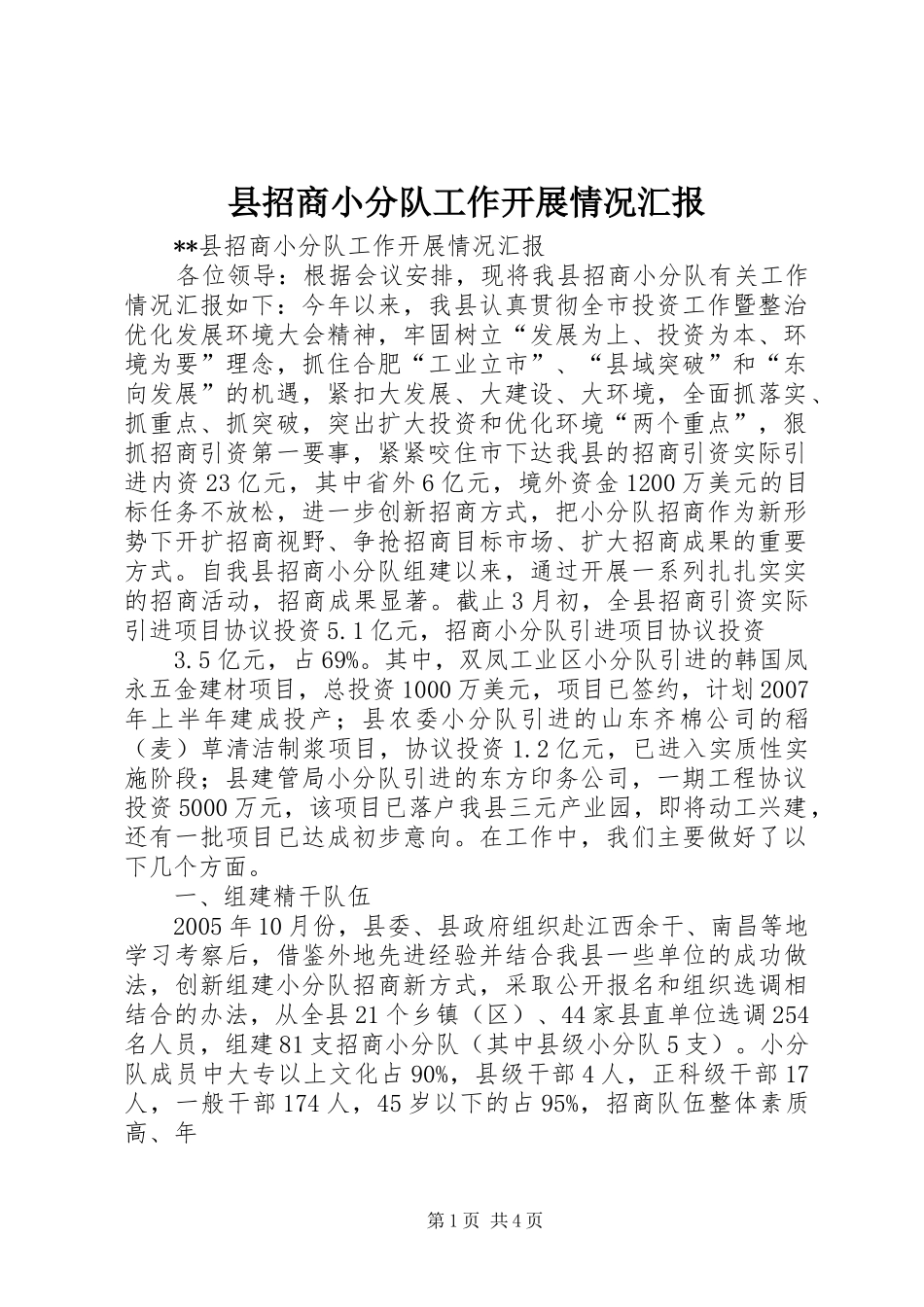 县招商小分队工作开展情况汇报 _第1页