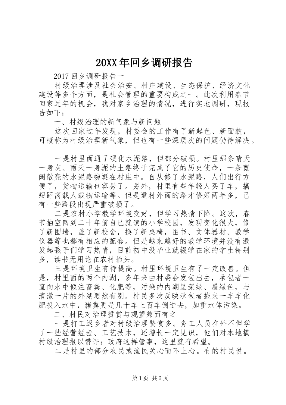 20XX年回乡调研报告_第1页