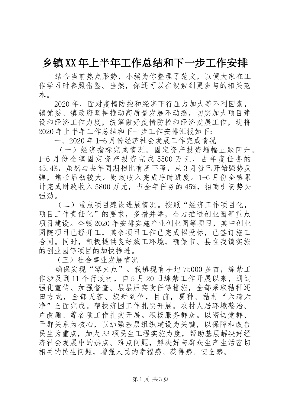 乡镇XX年上半年工作总结和下一步工作安排_第1页