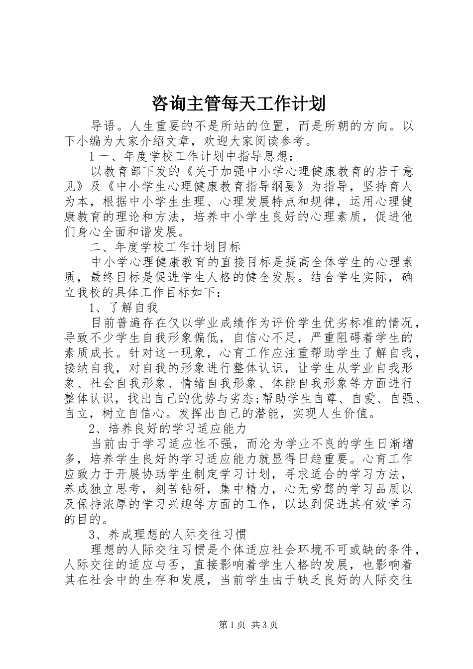 咨询主管每天工作计划_第1页