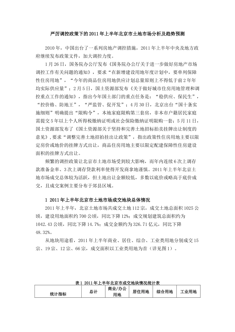 XXXX年上半年北京市土地市场分析及趋势预测_第1页