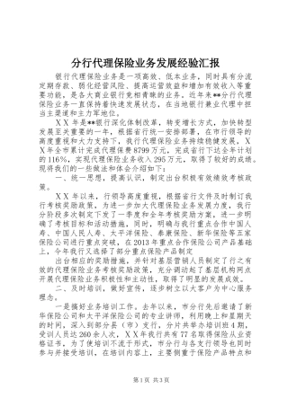 分行代理保险业务发展经验汇报 