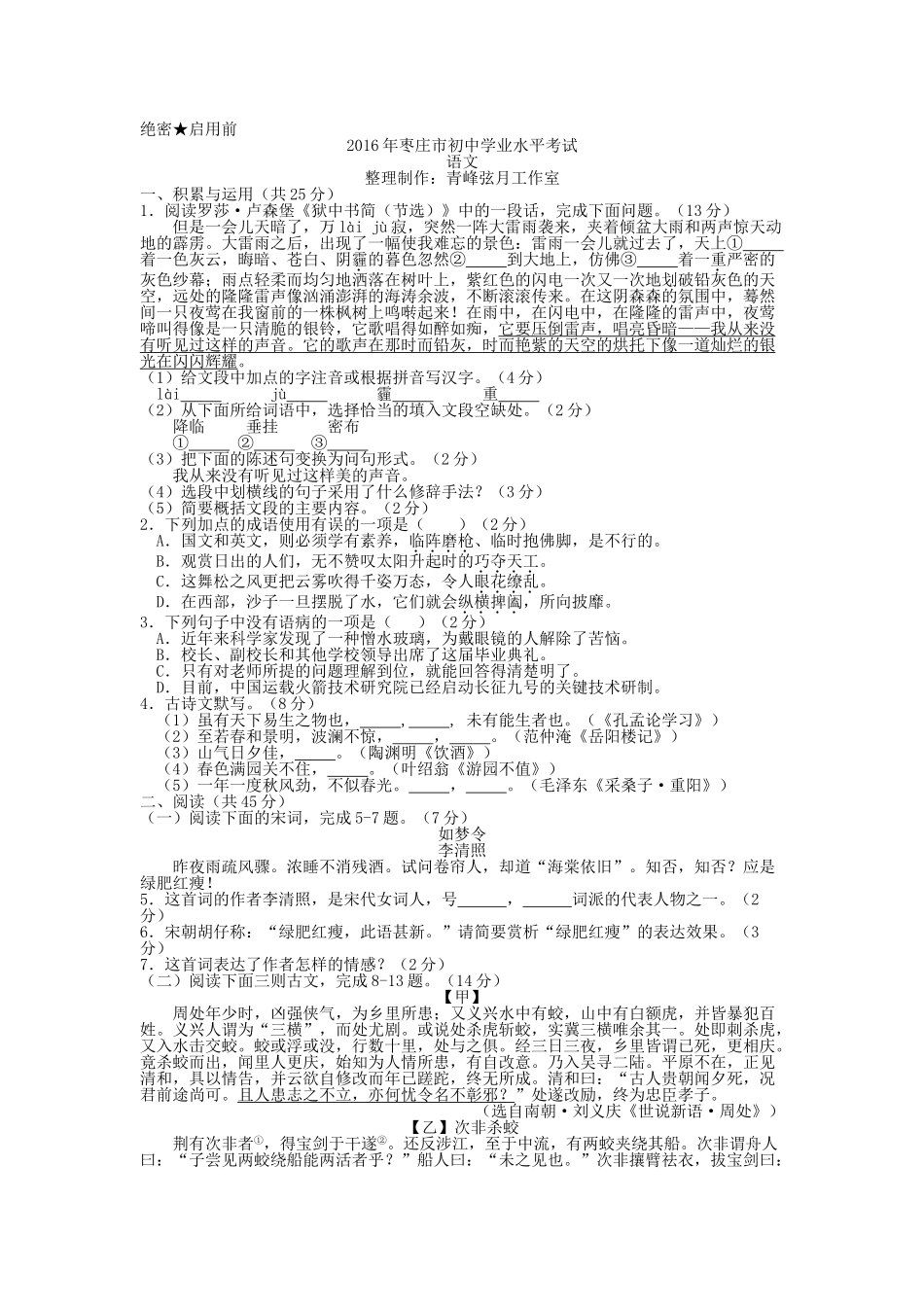 2016年枣庄市中考语文试题及答案 _第1页