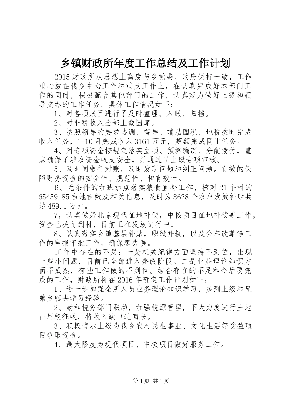 乡镇财政所年度工作总结及工作计划_第1页