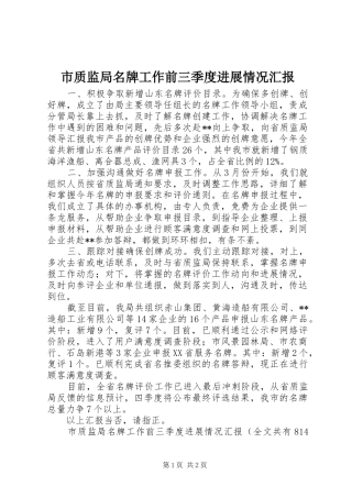 市质监局名牌工作前三季度进展情况汇报 