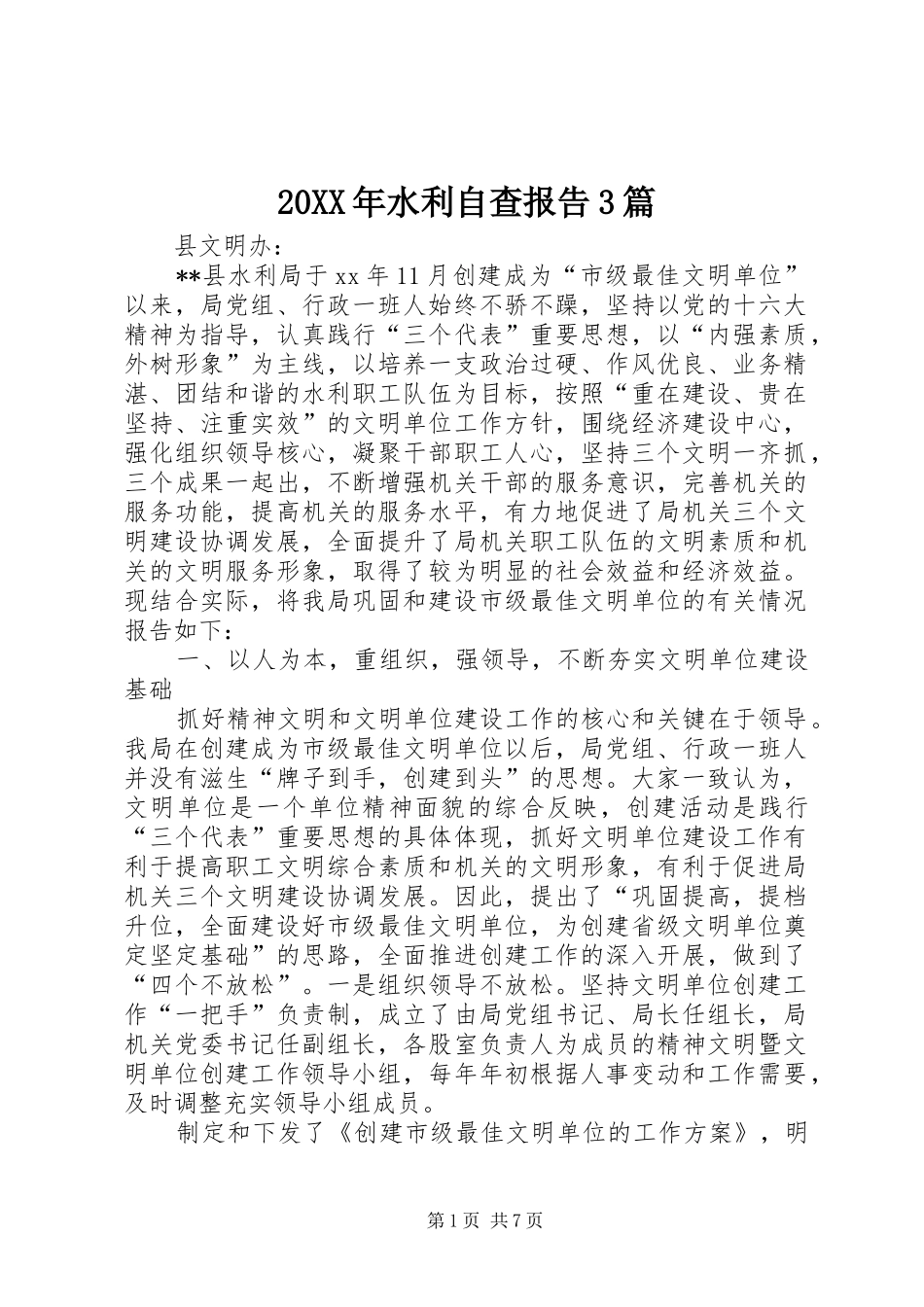 20XX年水利自查报告3篇_第1页