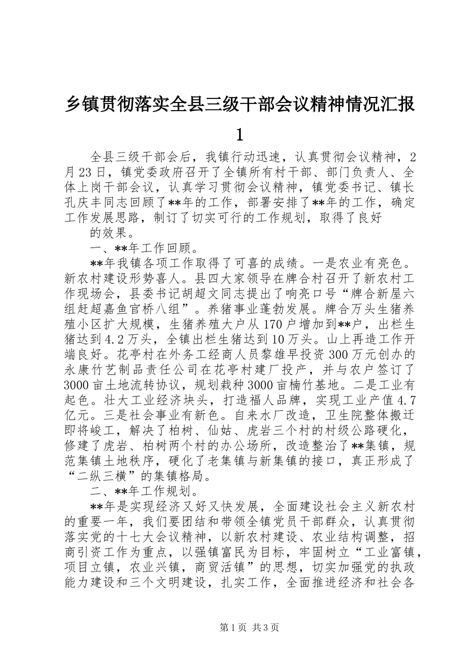 乡镇贯彻落实全县三级干部会议精神情况汇报1 _第1页