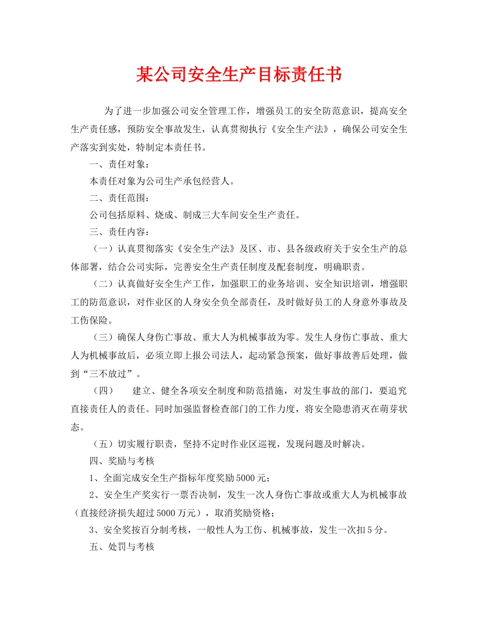 《安全管理文档》之某公司安全生产目标责任书 _第1页