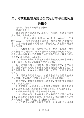 关于对质量监督员提出在试运行中存在的问题的报告 