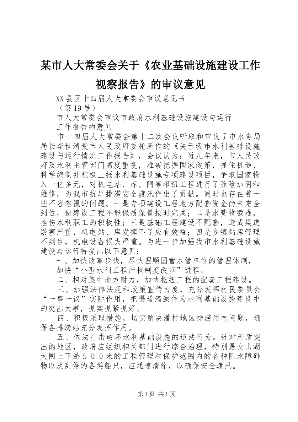 某市人大常委会关于《农业基础设施建设工作视察报告》的审议意见 _第1页