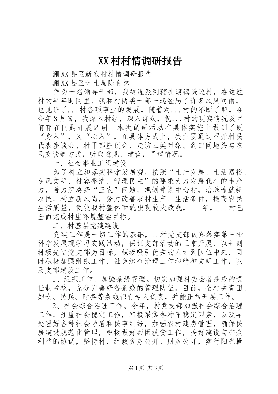 XX村村情调研报告 _第1页