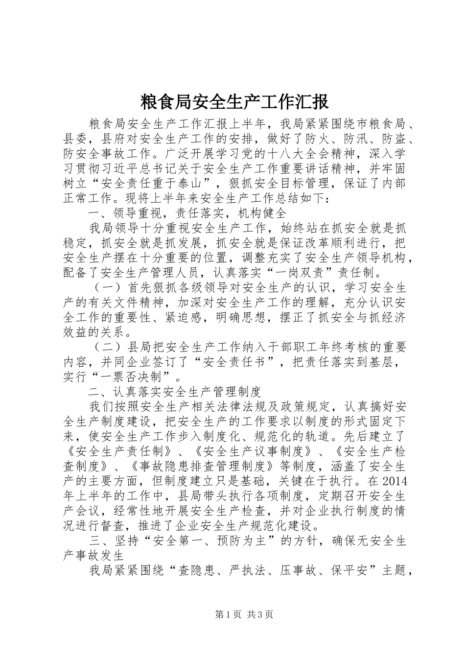 粮食局安全生产工作汇报 _第1页