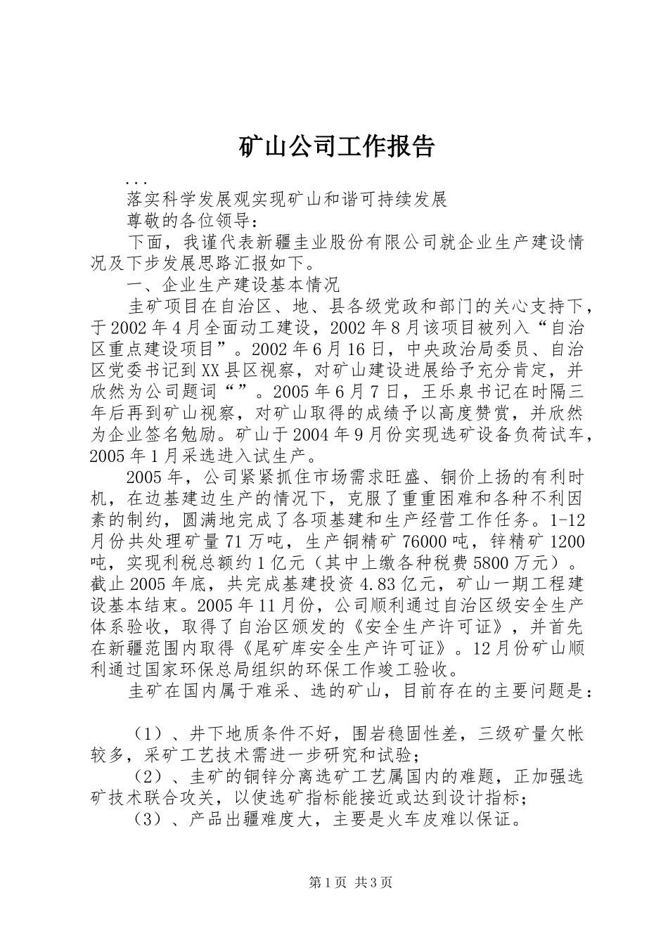 矿山公司工作报告 _第1页