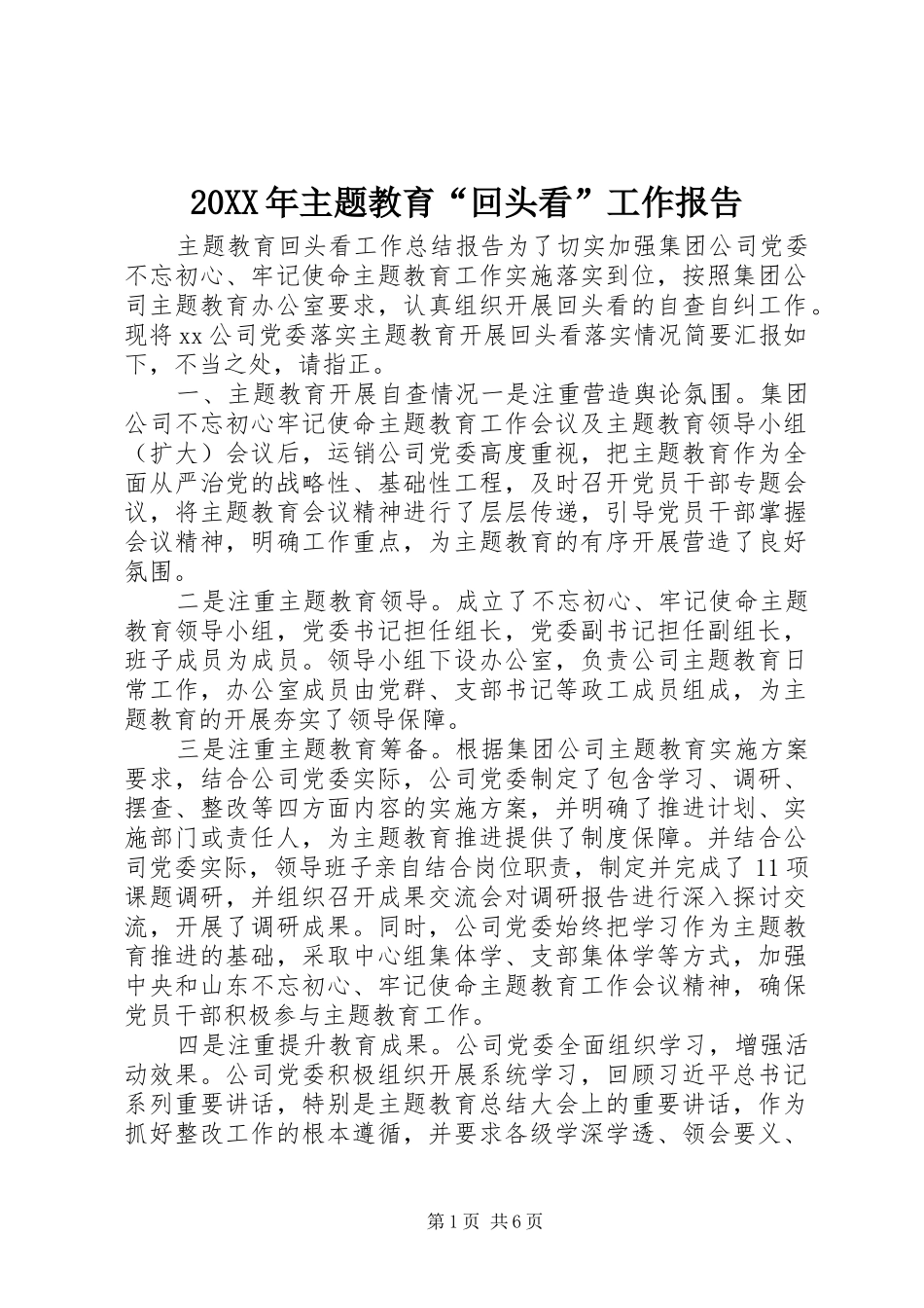 20XX年主题教育“回头看”工作报告_第1页