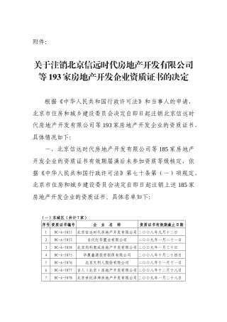 关于注销北京信远时代房地产开发有限公司等193家房地产...