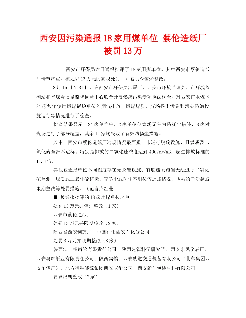 《安全管理环保》之西安因污染通报18家用煤单位 蔡伦造纸厂被罚13万 _第1页