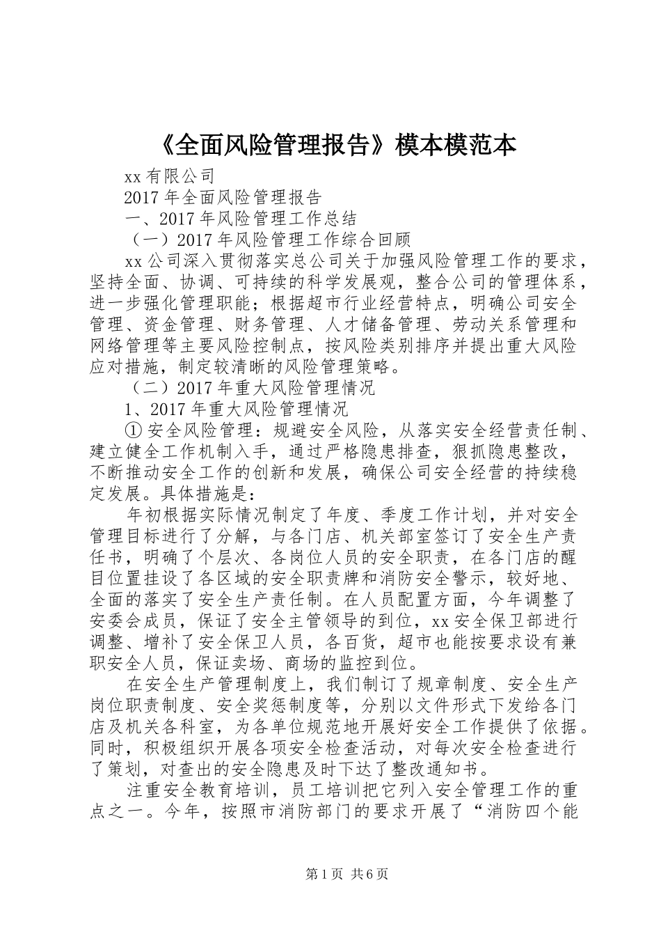 《全面风险管理报告》模本模范本 _第1页