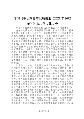 学习《中长期青年发展规划（20XX年20XX年）》心,,得,,体,,会