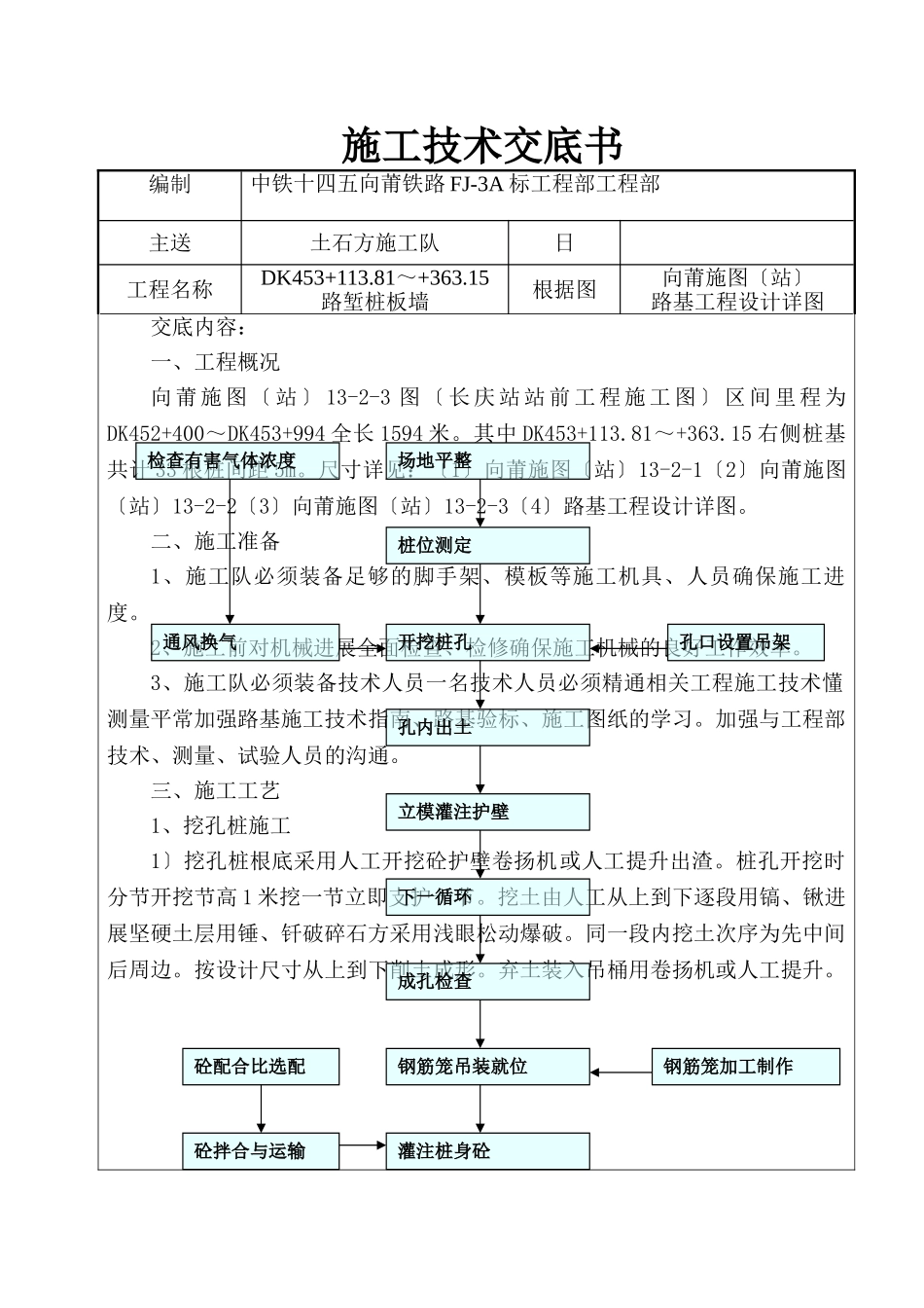 某铁路路堑桩板墙施工技术交底书_第1页