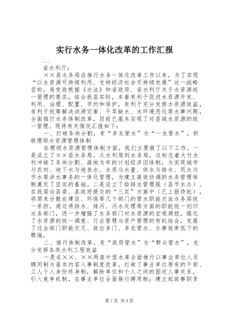 实行水务一体化改革的工作汇报 