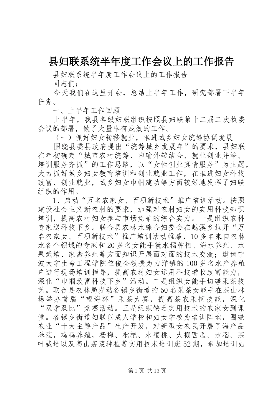 县妇联系统半年度工作会议上的工作报告 _第1页