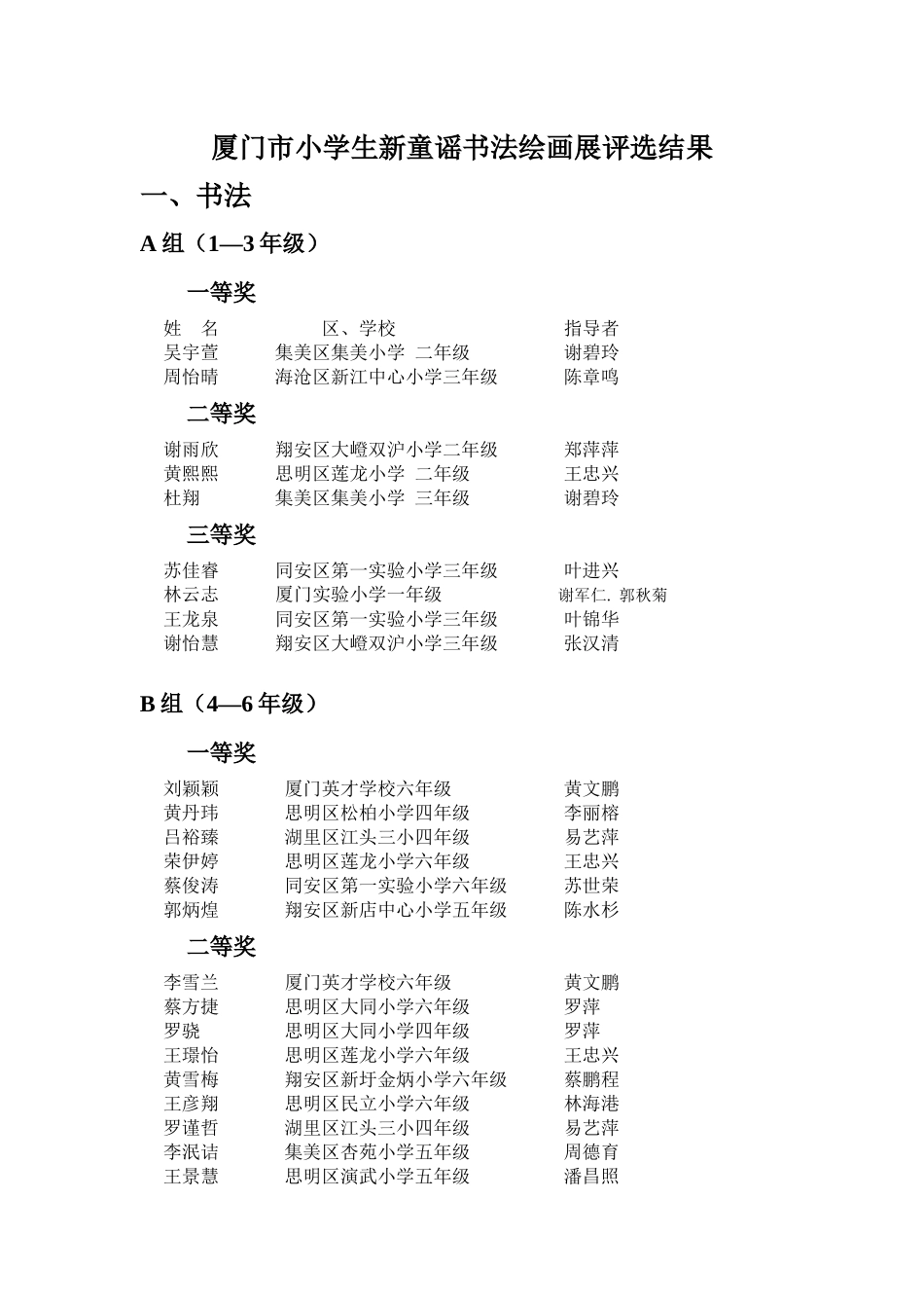 厦门市小学生新童谣书法绘画展评选结果_第1页