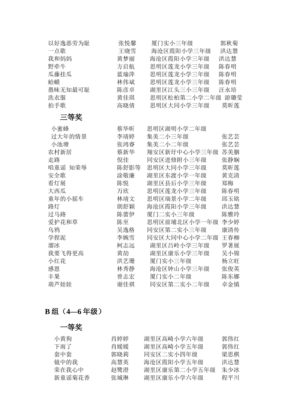 厦门市小学生新童谣书法绘画展评选结果_第3页